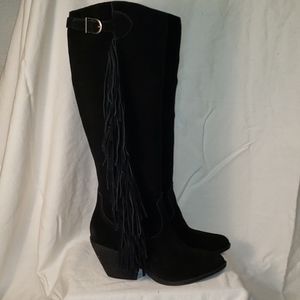 Tall black suede fringe boots